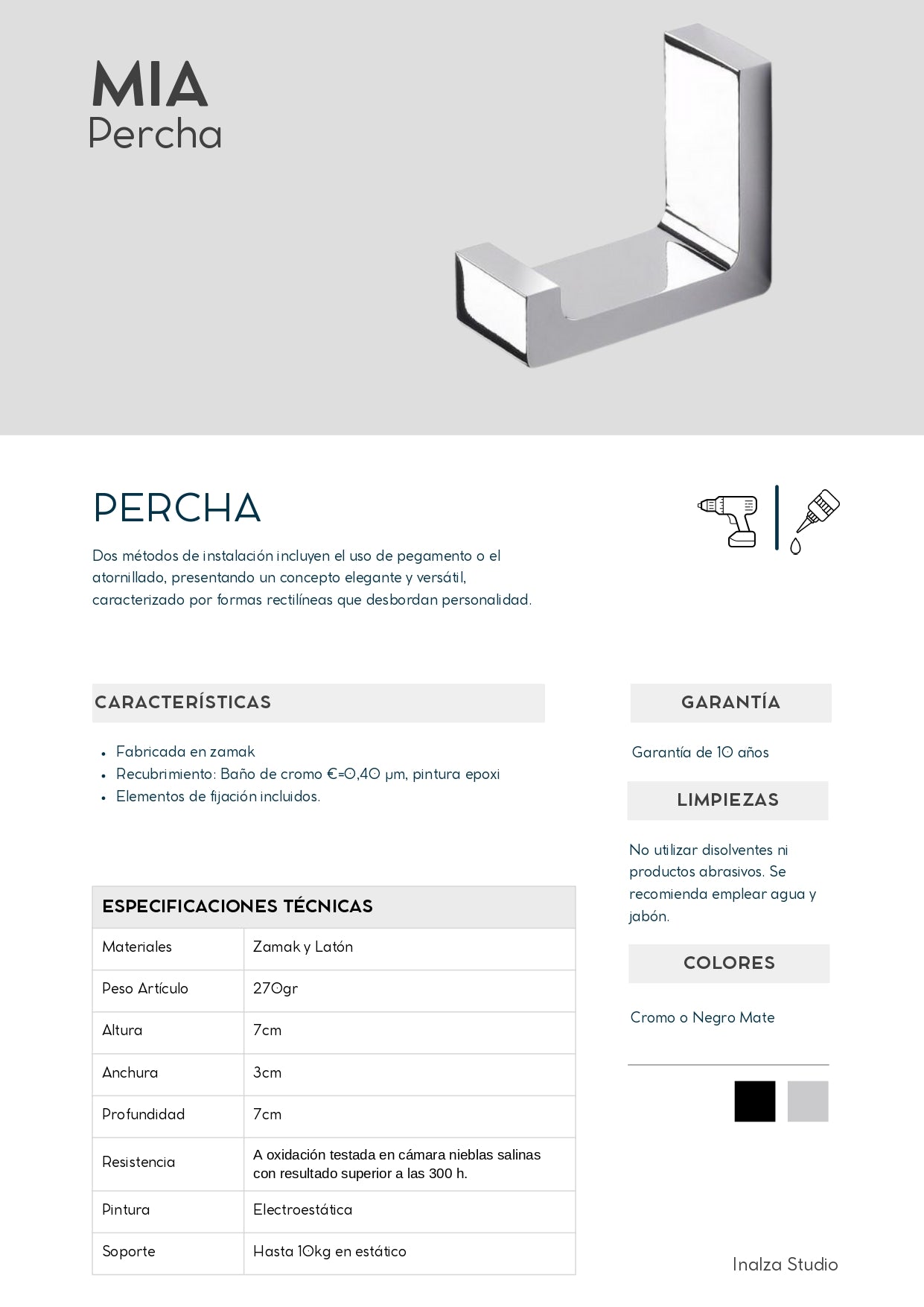 Percha Cromada de Zamak y Latón, Negro